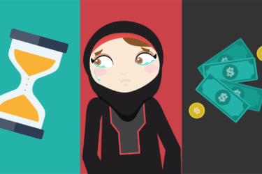 illustration of an hourglass, an alkhattaba character, and money